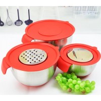 18/10 Stainless Steel Mixing Bowl set with Lids, Non-Slip Silicone Bottom, Handle, Pour Spouts and Measurement Marks, Set of 3